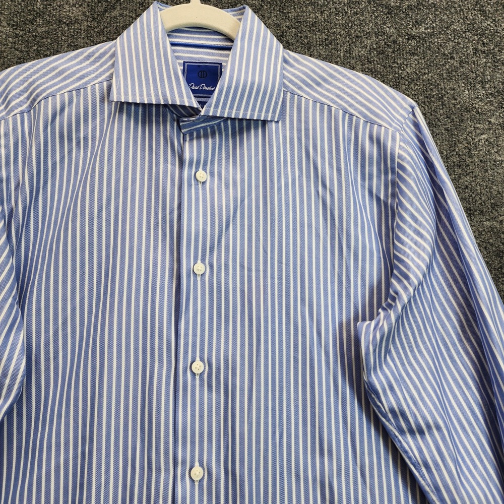 David Donahue Mens Blue Pinstripe Preppy Cotton Dress Shirt 16 34/35 Trim Fit
